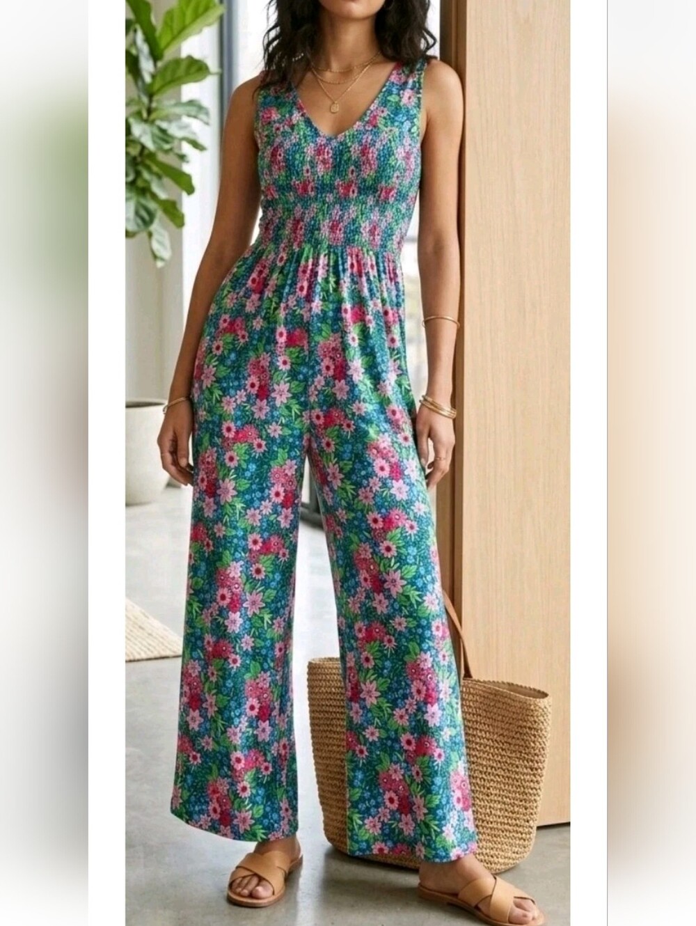Retro Wide Leg Floral Smocked Jumpsuit Cottagecore Festival Hippie Jumper L